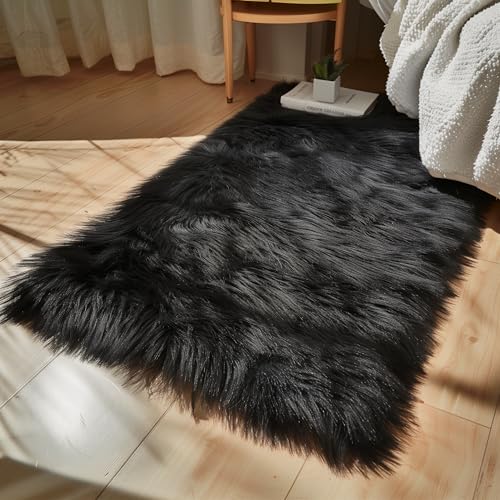 Black Sheepskin Rug 3x5 for Bedroom Black Fluffy Faux Fur Rug Furry Shag Plush Soft Bedside Dorm Décor Rectangle (3' x 5' (Rectangular) / Black)