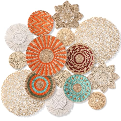 15 Pcs Boho Rattan Wall Baskets Hanging Decor (Orange Style)