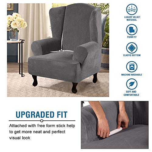 Wingback Chair Covers Velvet Plush Wing Chair Slipcover 1 Piece High Stretch Wing Back Chair Slipcovers Sofa Cover Furniture Cover with Elastic Bottom (Charcoal Gray / Wing Chair)