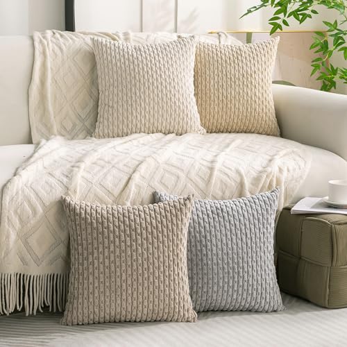 Set of 4 Neutral Decorative Throw Pillow Covers 22x22 Inch Corduroy Pillow Covers for Bed Couch Sofa Living Room Soft Square Cushion Cases (Neutral / 22" x 22" (Pack of 4))