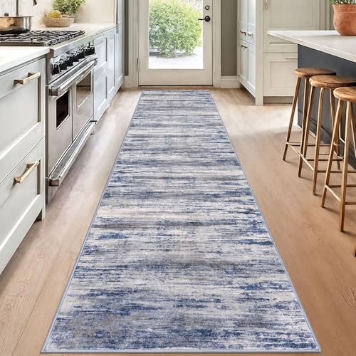 Modern Abstract Washable Rug Runner 2.6x12 Hallway Rug Runner Non (Blue-grey / 2'8" x 12' (Runner))