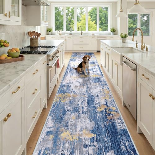 Washable Runner 3'x12' Abstract Area Rug for Hallway Blue Gold (Blue/Gold / 3' x 12' (Runner))