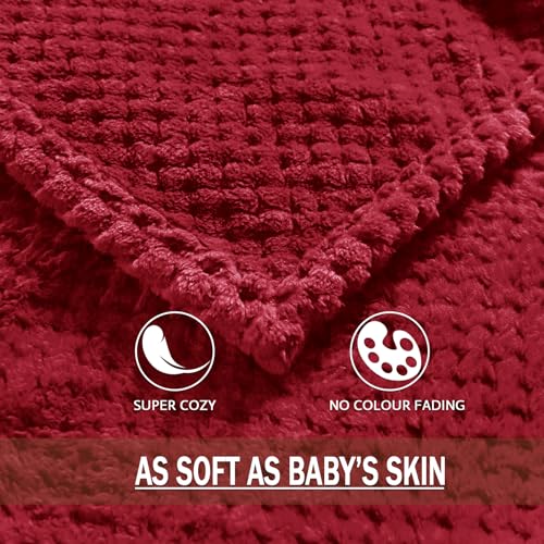 Soft Waffle Fleece Bed Blanket Queen Size (Deep Red / 90x90 in)