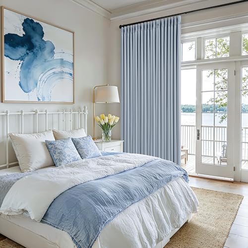 Blue Pinch Pleated Linen Blackout Dual Layer Curtains 108 Inches Length (Light Blue / 40"W x 108"L (Pack of 2))