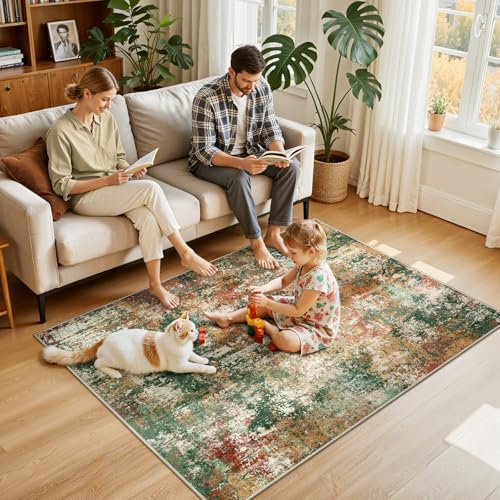 Washable 4'x6' Abstract Area Rug for Living Room Green Multi (Green/Orange/Red/Blue / 4' x 6' (Rectangular))