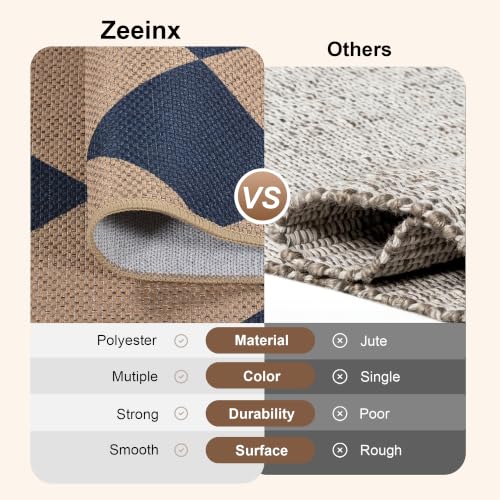 8x10 Checkered Easy Jute Washable Rug for Living Room Indoor Outdoor Geometric Non Slip Carpet for Under Table Neutral Rugs for Backyard Patio Dining Room Office (8'*10'(Rectangular) / Blue/Checkered)
