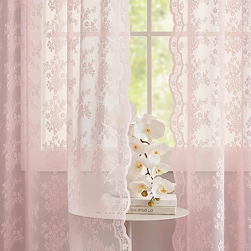 Vintage Lace Curtains 108 inches Long 2 Panels Cute Floral Pink Sheer Curtains for Sliding Door Backdrops Romantic Pricess Baby Girl Room Decor Light Filtering 52 x 108 Inch Light Pink (Light Pink / 52"W x 108"L (Pack of 2))