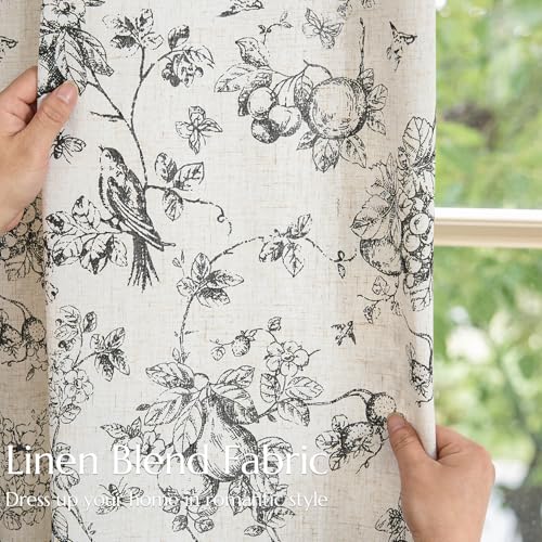 Black Floral Linen Curtains 84 Inch Vintage Back Tab 2 Panels (Black Floral on Linen / 50"W x 84"L (Pack of 2))