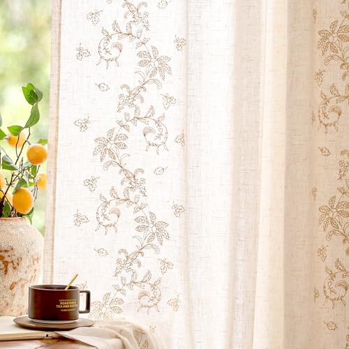 Floral Linen Curtains 96 Inch Farmhouse Back Tab 2 Panels (Vine | Beige / 50"W x 96"L (Pack of 2))