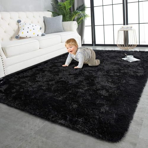 Super Soft Shaggy Rugs Fluffy Carpets (7' x 10' (Rectangular) / Black)