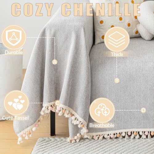 Grey Sofa Cover for Couch Boho Couch Cover for 3 Seat Couches Dog Couch Cover Love Seat Couch Covers Light Grey Sectional Cover 91" X134" Tassel Chenille Herringbone Sofa Covers (91" x 134" / Tassel Ball: Grey)