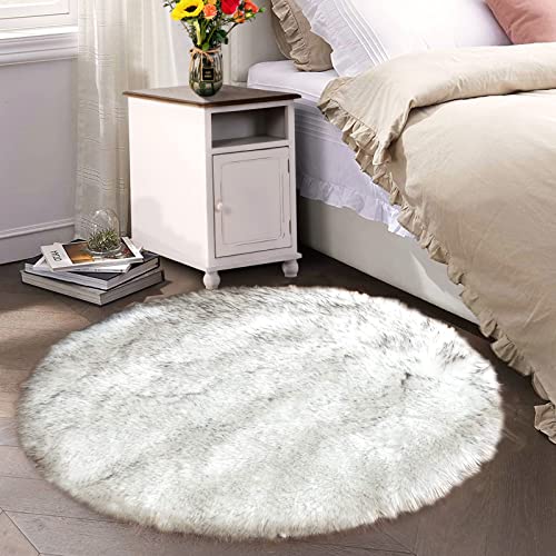 Round Area Rugs 6ft White with Grey Tips Faux Sheepskin Fur Circle Rugs for Living Room Washable Fuzzy Rug for Bedroom Nursery Dorm Entertainment Room Luxury Home Decor (6' (Round) / White With Grey Tips)