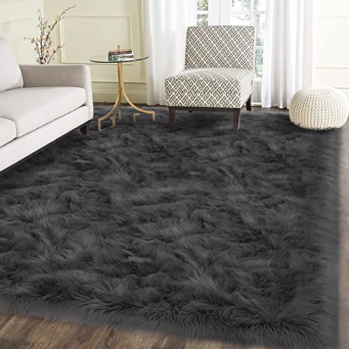 Dark Grey Rugs 6x8 Area Living Room Faux Sheepskin Fur Rug for Bedroom Washable Shag Fuzzy Furry Rug Home Décor (6' x 8' (Rectangular) / Dark Grey)