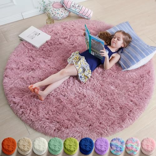 Mauve Pink Round Plush Rug 5Ft for Girls Bedroom Nursery Playroom (Mauve Pink / 5' (Round))