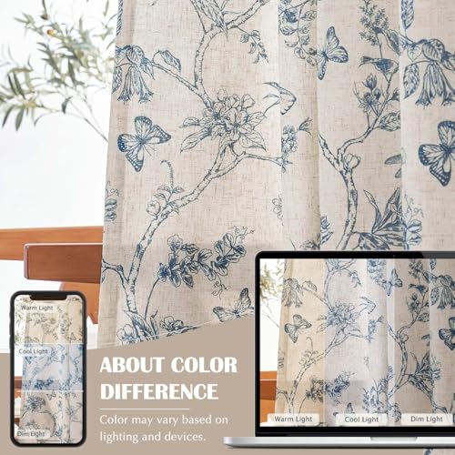 Blue Floral Linen Curtains Lined 84 Inch Vintage Back Tab 2 Panels (Charlotte Blue / 50"W x 84"L (Pack of 2))