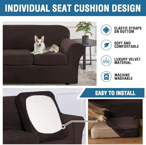 High Stretch Sofa Slipcover 4 Piece Cover Velvet Furniture Protector Form Fit Thick Velvet Extra Large Sofa Cover for 3 Cushion Couch Width Up to 97 Inch (3 Cushion Large Sofa / Brown)
