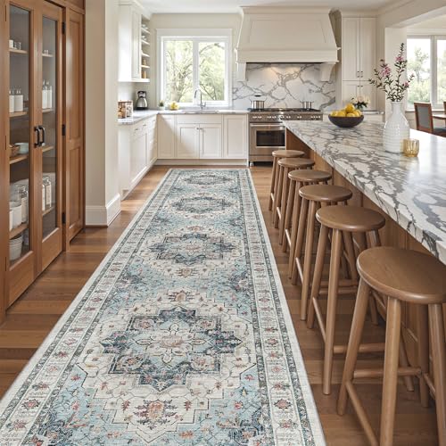 Hallway Runner Rug 3x14 Washable Kitchen Runners Long (Blue / 3' x 14' (Runner))