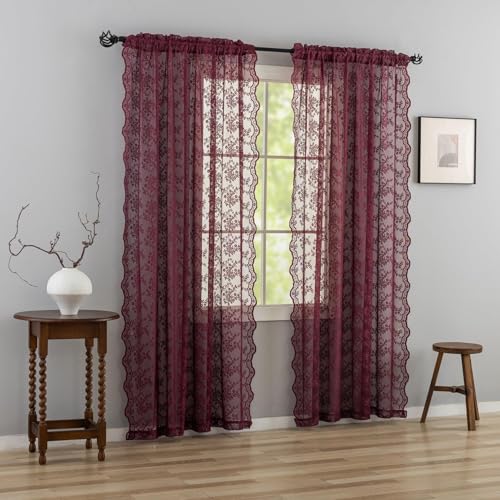 Vintage Lace Curtains 90 Inches Long (Burgundy / 52"W x 90"L (Pack of 2))