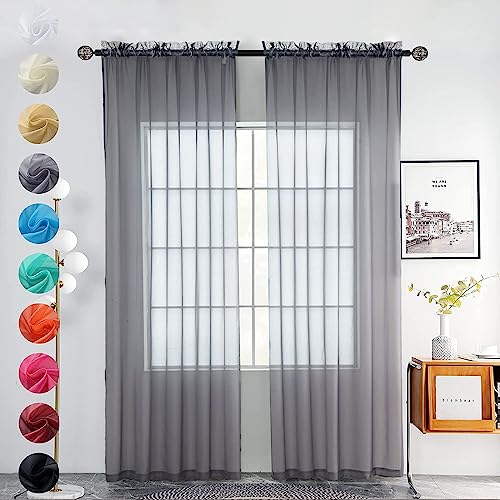 Solid Sheer Rod Pocket Curtain Voile Draperies 2 Panels White Beige Black Grey Coffee 52 Inch Width 84 Inch Long 1 Pair for Kitchen Bedroom Children Living Room Yard (Grey / 52"W x 84"L (Pack of 2))