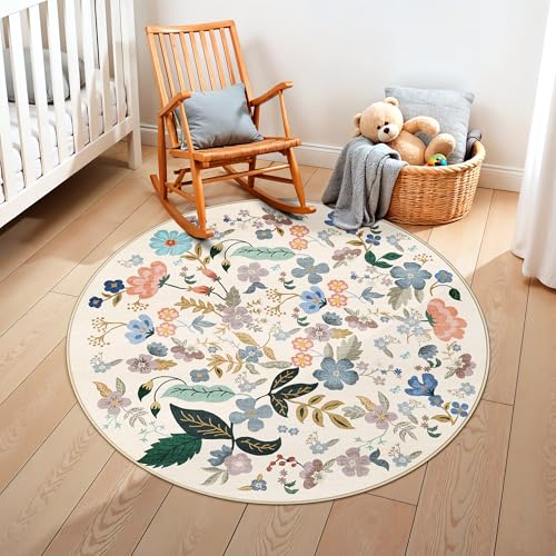 Washable Floral Round Rugs for Bedroom (4' (Round) / Cream/Floral)