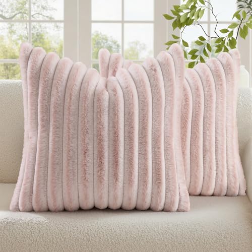 Fall Faux Fur Throw Pillow Covers 22x22 Set of 2 Pink White (Pink White / 22" x 22" (Pack of 2))