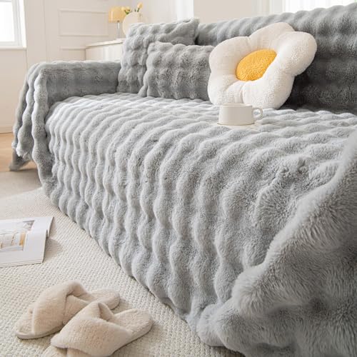 Grey Plush Sofa Covers Washable Rabbit Plush Couch Cover Soft Cozy Faux Fur Couch Protector for Dogs Fluffy Plush L Shaped Sofa Cover Pet Friendly Couch Protector Furniture (71" x 134" / Z-plush:gray)