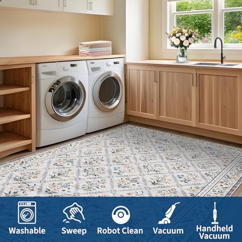 Large Area Rugs 10x13 Washable Rug for Spring Farmhouse Floral Carpet Grey Beige Soft Non Slip Low Pile Faux Wool Stain Resistant for Bedroom Kitchen Bathroom Laundry (Grey/Beige / 10' x 13' (Rectangular))