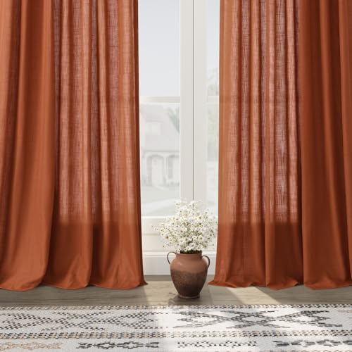 Terracotta Linen Curtains 63 Inches Length 2 Panels for Living Room Back Tab Pocket Light Filtering Semi Sheer Drapes Cotton Linen Textured Brick Burnt Orange Window Curtain 52X63 Inch (52"W x 63"L (Pack of 2) / Terracotta)