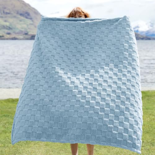 Checkered Fleece Throw Blankets for Bed (Light Blue / Throw XL (50" X 70"))