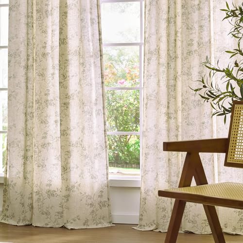 Green Vintage Floral Linen Curtains Farmhouse 50W X 63L 2 Panels (Green on Beige / 50"W x 63"L (Pack of 2))