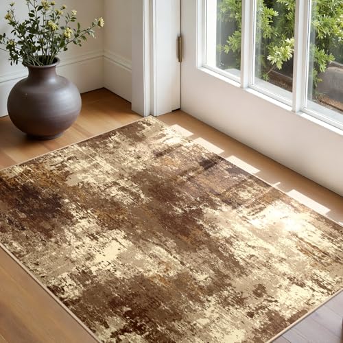 Washable 3'x5' Abstract Area Rug for Living Room Brown Tan (Brown/Tan / 3' x 5' (Rectangular))