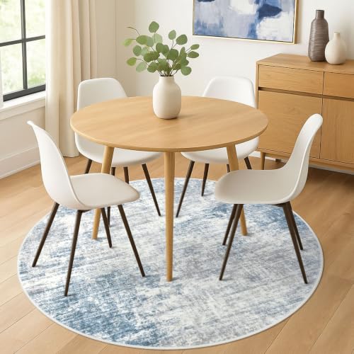 Abstract Round Area Rug 6 Ft Washable Circle Rugs Large Round Rug Non Slip Thin Soft Circle Rugs (Light Blue/Grey/White / 6' (Round))