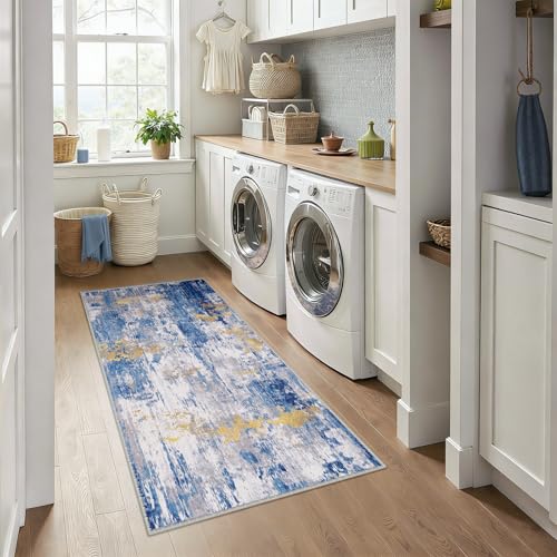 Washable Runner 3'x6' Abstract Area Rug for Hallway Blue Gold (Blue/Gold / 3' x 6' (Runner))