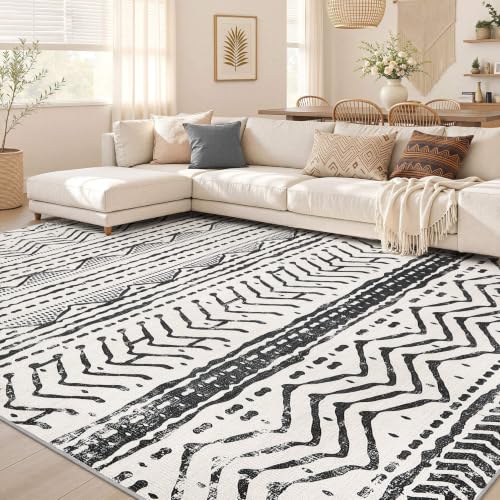 Boho 5x7 Area Rug Living Room Rugs Machine Washable Black (Ivory Black / 5' X 7' (Rectangular))