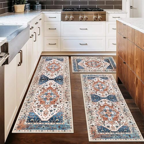 HEBE Boho Kitchen Rugs Set of 3 (Rust / 20"x32"+20"x48"+20"x59")