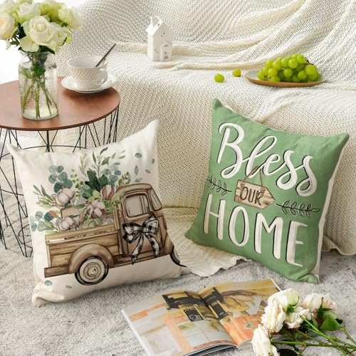 Bless Our Home Farmhouse Eucalyptus Leaves Throw Pillow Covers (Green / 16" x 16" (Pack of 4))