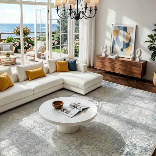 8x10 Washable Area Rugs for Living Room (8' x 10' (Rectangular) / Wathet-griege-maize Yellow-brown-beige-blue-white)
