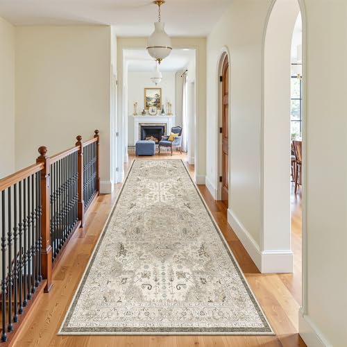 Hallway Runner Rug 3x10 Washable Kitchen Runners 10ft (Ivory/Brown / 3' x 10' (Runner))