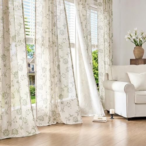 Green Floral Linen Curtains 84 Inch Vintage Back Tab 2 Panels (Floral Green / 50"W x 84"L (Pack of 2))