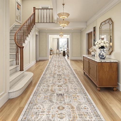 Hallway Runner Rug 3x20 Washable Kitchen Runners 20ft (Brown/Gold / 3' x 20' (Runner))