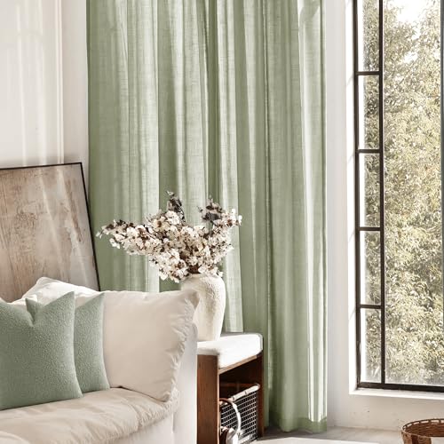 Linen Blend Sage Green Curtains 96 inch Length 2 Panels for Bedroom Back Tab Light Filtering Semi Sheer Drapes Linen Cotton Textured Light Green Airy Modern Farmhouse Living Room Sage Aesthetic Decor (Sage Green / 52"W x 96"L (Pack of 2))