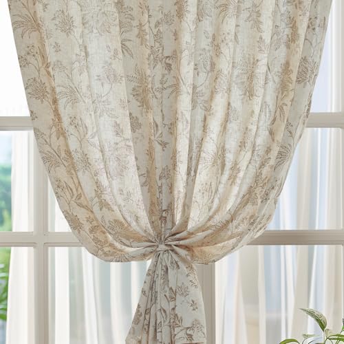Taupe Floral Linen Curtains 63 Inch Vintage Back Tab 2 Panels (*Jacobean Taupe / 50"W x 63"L (Pack of 2))