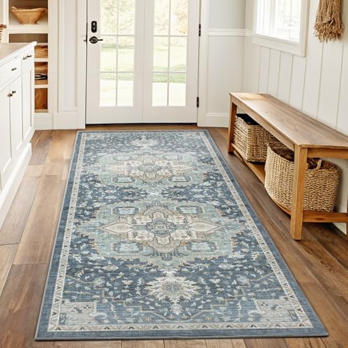 Amada 2x5 Washable Runner Rug for Kitchen (2' x 5' (Runner) / Blue/Yellow)