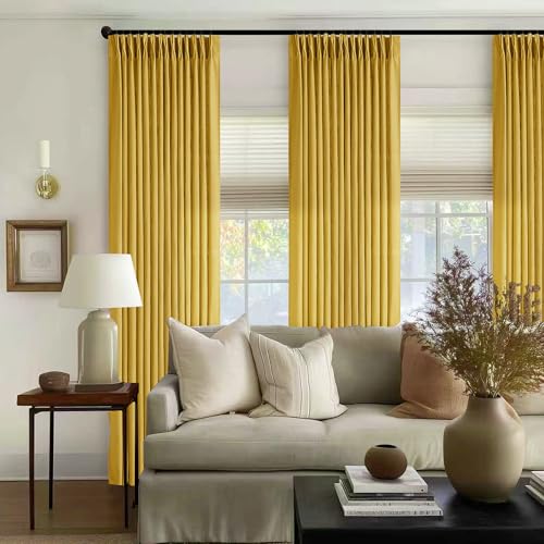 Mustard Yellow Pleated Semi Sheer Linen Curtains 102 Inches Long 2 Panel (Mustard Yellow / 40"W x 102"L (Pack of 2))