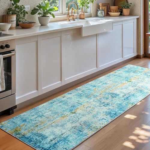 Runner Rug for Kitchen Teal Blue Hallways Runner Rug Non Slip 2'6''x8' Washable Long Runner Rugs with Rubber Backing Soft Abstract Carpet Runner for Entryway (Teal Blue / 2'6" x 8' (Runner))
