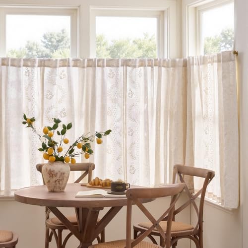 Ivory Floral Linen Kitchen Tier Curtains 50x45 Inch 2 Panels (A| Ivory / 50"W x 45"L (Pack of 2))