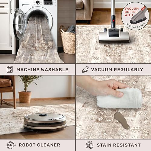 Washable Neutral Farmhouse Living Room Rug (6' x 9' (Rectangular) / Latte / Beige)