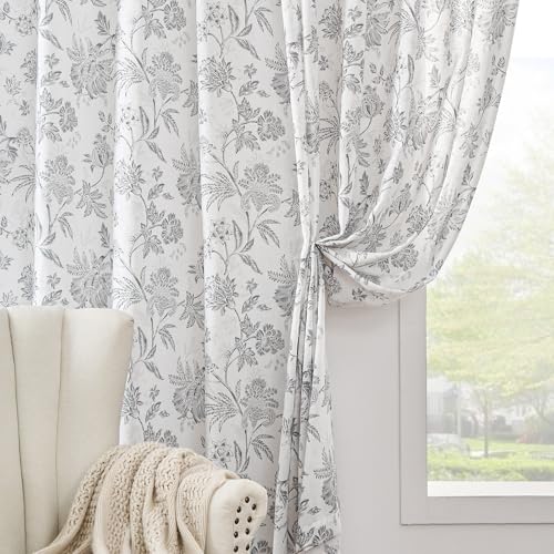 Light Grey Floral Linen Curtains 84 Inch Vintage Back Tab 2 Panels (*Jacobean Light Grey / 50"W x 84"L (Pack of 2))