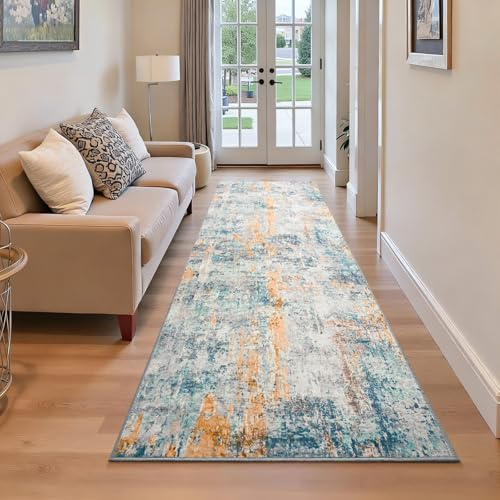 Runner Rug for Kitchen Hallways Runner Rug Non Slip 2'6''x8' Washable Blue Long Runner Rugs with Rubber Backing Soft Abstract Carpet Runner for Entryway (Blue / 2'6" x 8' (Runner))