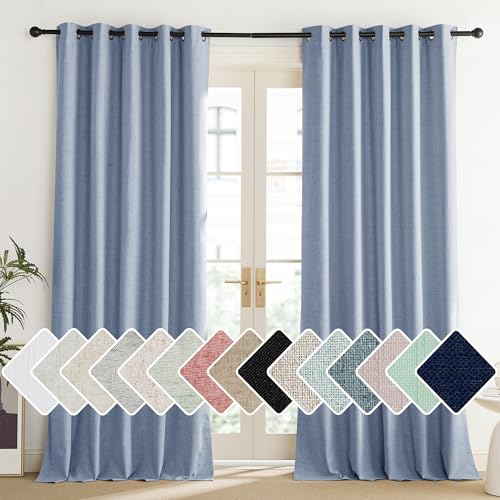 Stone Blue Vintage Linen 100% Blackout Curtains for Living Room (62"W x 84"L (Pack of 2) / Stone Blue)